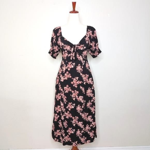 Mimi Chica Black and Pink Floral Milkmaid Midi Dress Size Small - Picture 1 of 3